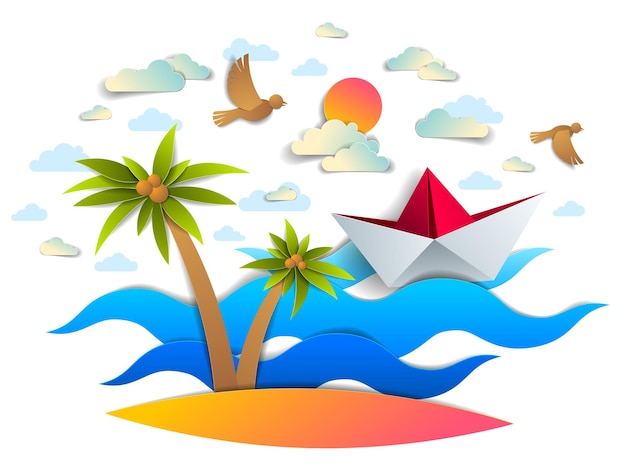 Barco de papel nadando en las olas del mar con hermosas playas y palmeras, barco de juguete doblado en origami flotando en el océano con un hermoso paisaje marino con pájaros y nubes en el cielo, vector.