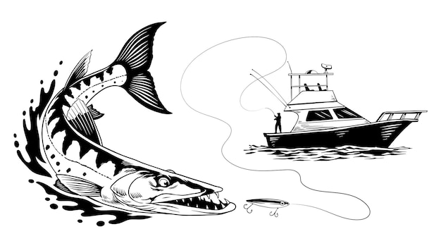 Vector barco de pesca atrapando peces barracuda en blanco y negro