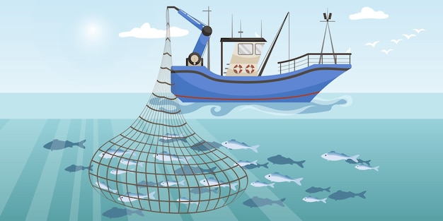 Vector barco de pesca comercial con red grande de pescado completo barco de pesca de dibujos animados que trabaja en el mar o en el océano capturando por jábega mariscos atún arenque sardina salmón buque de la industria en el paisaje marino ilustración vectorial