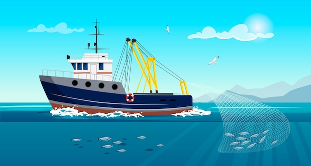 Barco de pesca comercial con red de pesca completa bajo el agua Barco de pesca que trabaja en el océano capturando alimentos de cerco Atún Arenque Salmón Buques de la industria con mástil amarillo en el paisaje marino Ilustración vectorial