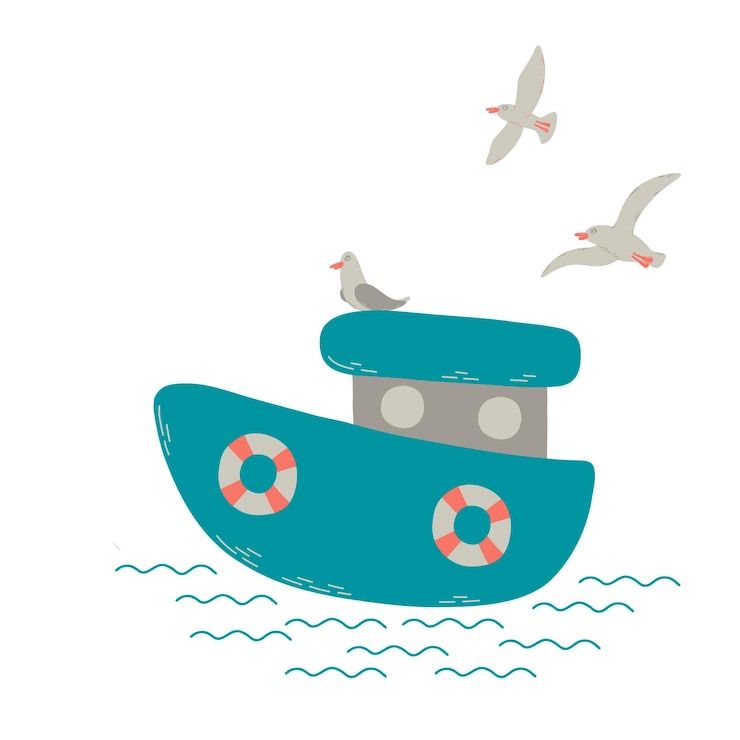 Vector barco de pesca en olas con gaviotas