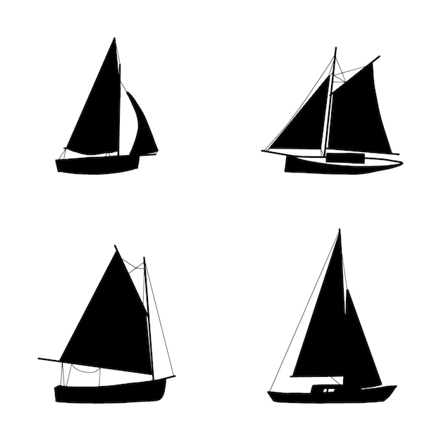 Barco de pesca silueta negra Barcos pequeños en diseño plano Estilo de juguete para niños