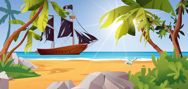 Barco pirata cerca de la isla Palmeras piedras mar o océano arbustos y rocas