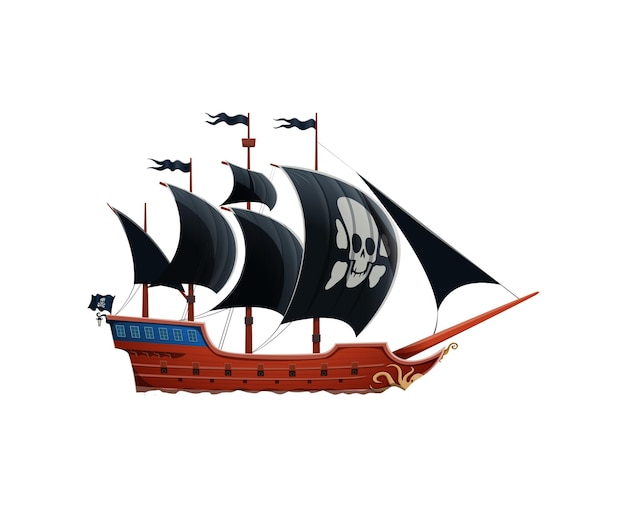 Vector el barco pirata con el cráneo de jolly roger y los huesos cruzados