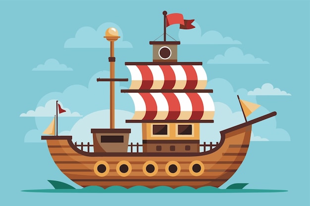 Vector un barco pirata de dibujos animados navegando en las olas del océano barco pirata personalizable ilustración semi plana