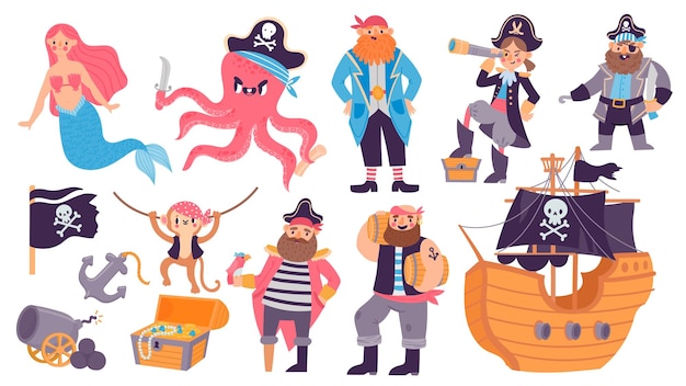 Barco pirata de dibujos animados, tesoro, personaje, animales y sirena. elementos de la aventura del mar para niños, cañón, loro, cofre, ancla y conjunto de vectores de bandera