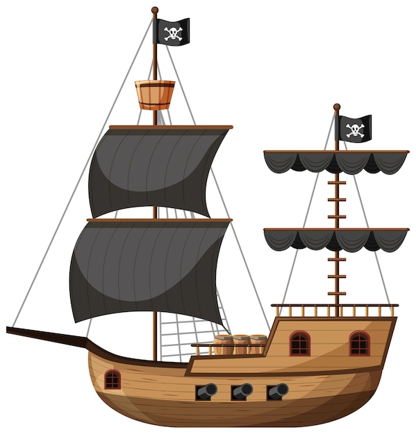 Vector barco pirata en estilo de dibujos animados aislado sobre fondo blanco.