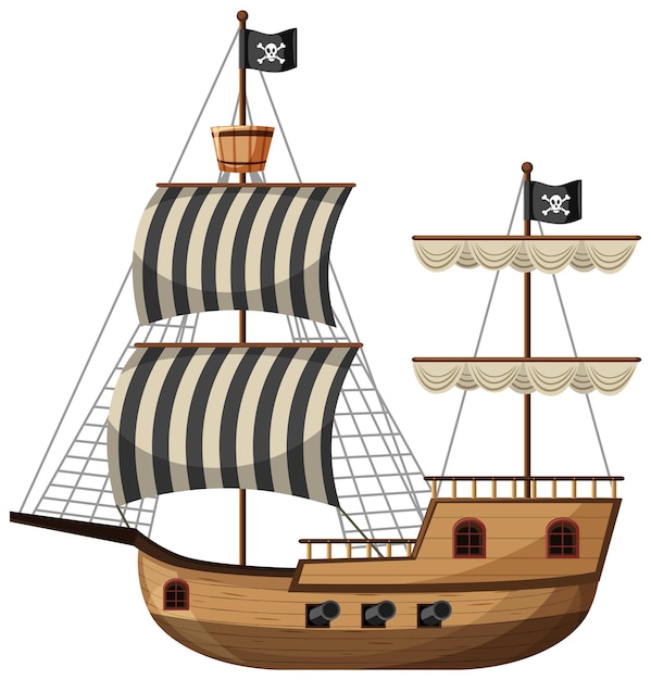 Vector barco pirata en estilo de dibujos animados aislado sobre fondo blanco.