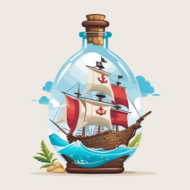 Vector barco pirata en un fondo vectorial de botella