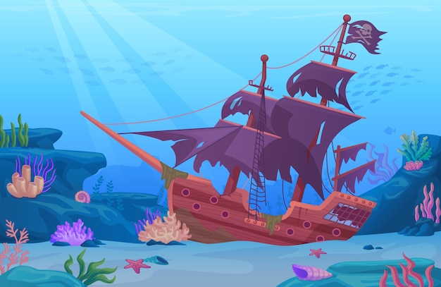 Barco pirata hundido Barco abandonado en el océano Paisaje submarino Naufragio marítimo Barco de madera naufragado en el fondo del arrecife Naufragio de barcos bajo el fondo del agua Ilustración vectorial ingeniosa