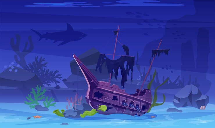 Vector barco pirata hundido en el mar o en el fondo del océano barco submarino escena de naufragio del fondo del mar