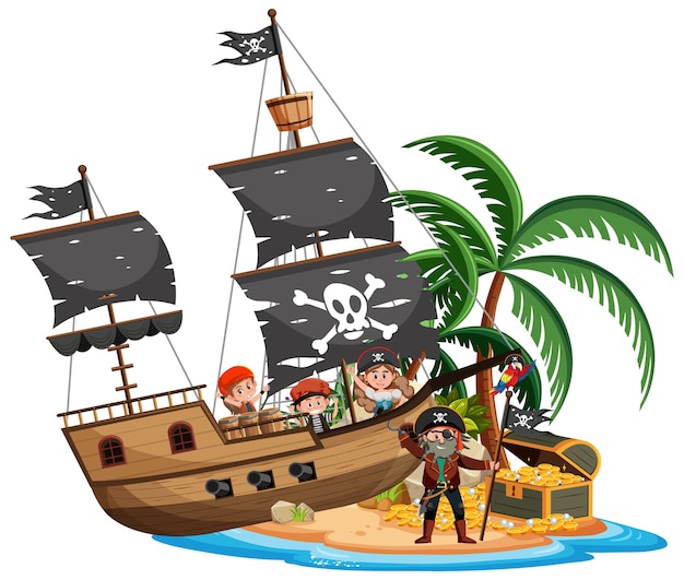 Vector barco pirata en la isla con muchos niños aislado sobre fondo blanco.