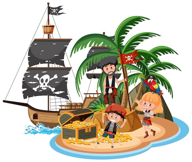 Vector barco pirata en la isla con muchos niños aislado sobre fondo blanco.