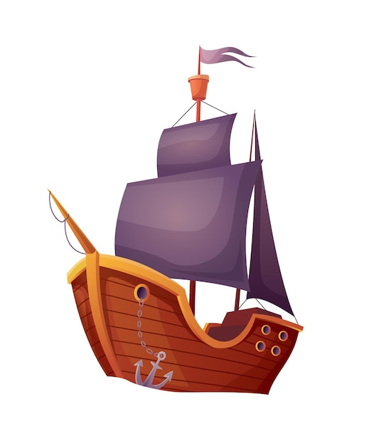 Barco pirata de madera aislado sobre fondo blanco. Publicidad de viajes náuticos en veleros antiguos.
