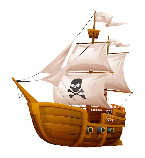 Barco pirata de madera con velas blancas ilustración de dibujos animados aislado sobre fondo blanco.