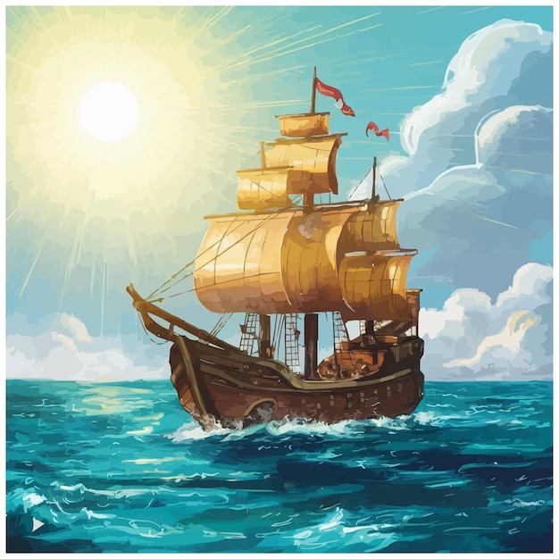 Vector barco pirata en el mar mástil dorado brillante ambiente de verano rodea la acuarela estalla con calidez