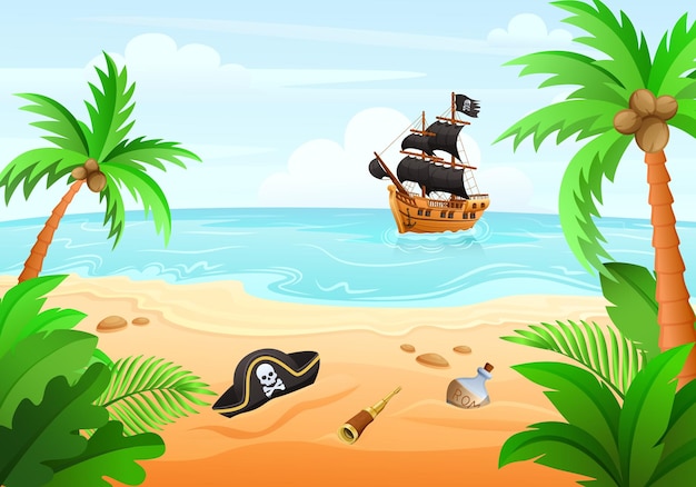 Vector el barco pirata navega hacia la isla donde los atributos piratas están dispersos en la ilustración de dibujos animados vectoriales
