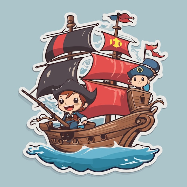 Vector barco pirata en el vector de dibujos animados de mar