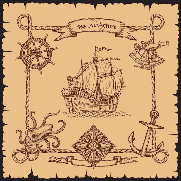 Barco pirata vintage con borde de marco de cuerda