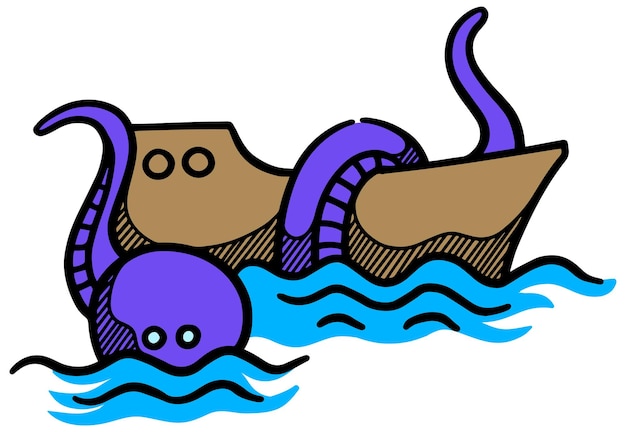 Barco y pulpo gigante icono estilo dibujado a mano color vector ilustración