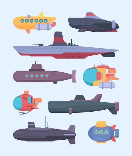 Vector barco submarino. conjunto de ilustraciones de dibujos animados de vector de exploración de submarinos de buceo. barco militar y de investigación para bucear bajo el agua.