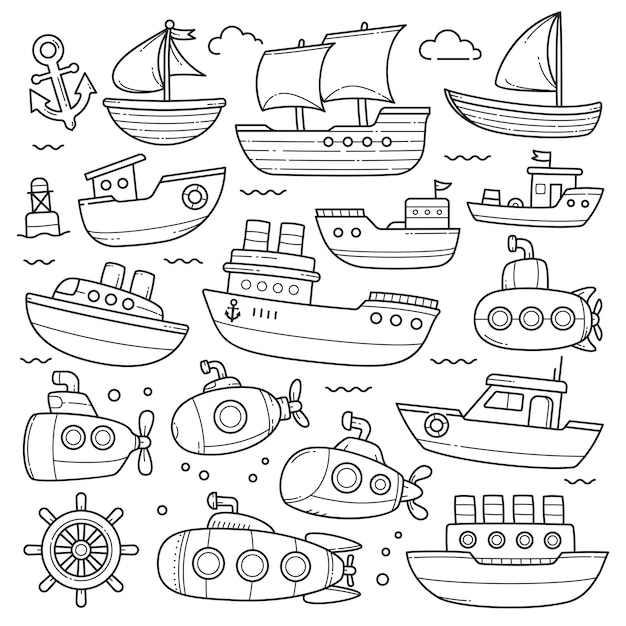 Barco y submarino doodle boceto dibujado a mano colección vector contorno