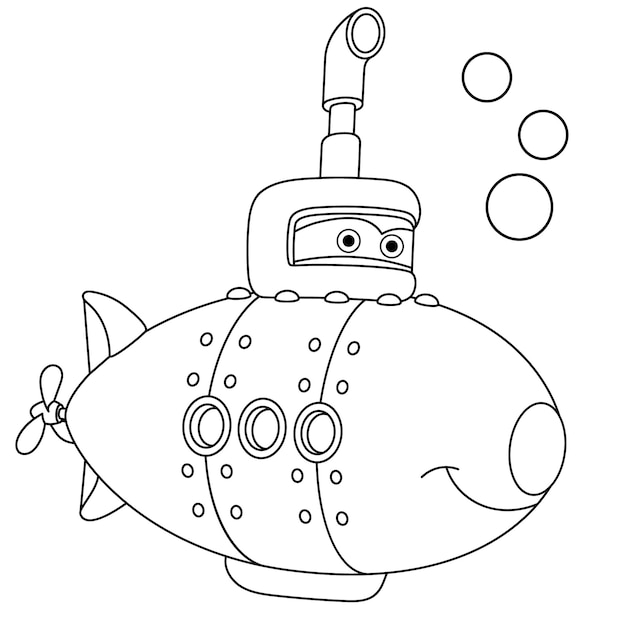 Barco submarino submarino. Vehículo de juguete de dibujos animados con cara divertida. Página de libro para colorear para niños.
