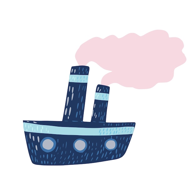 Vector barco de vapor azul lindo aislado sobre fondo blanco. barco de dibujos animados con vapor rosa en la ilustración de vector de estilo doodle