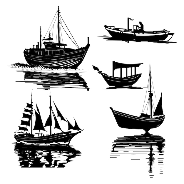 barco, vector, barco, vector, negro, contorno, ilustración, blanco, plano de fondo