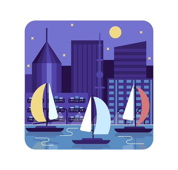 Barco de vela cerca de la ilustración de vector de ciudad de noche en estilo plano