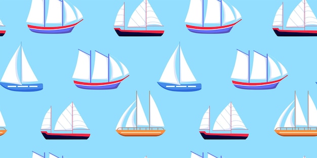 Barco de vela patrón de barco náutico de vela en el océano o en el agua de mar regata de verano naturaleza colorida impresión infantil decoración papel de envoltura textil vector sin costuras elementos recientes
