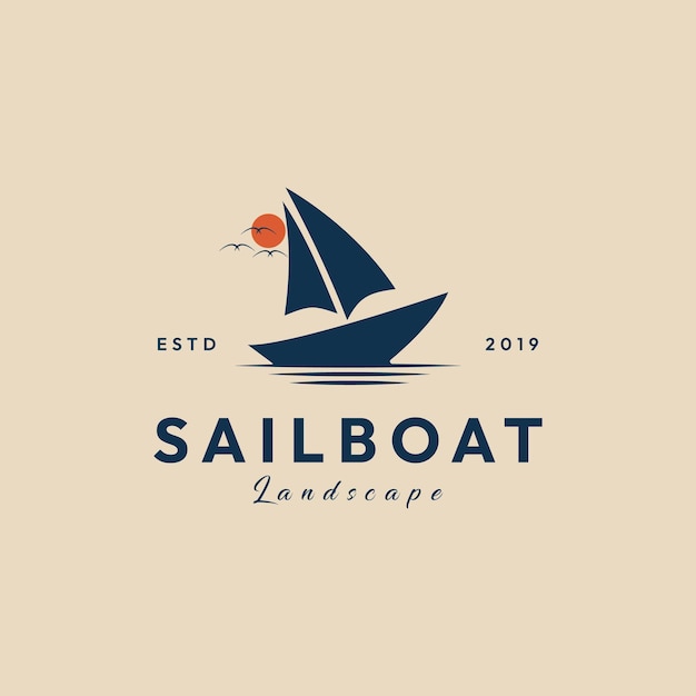 Barco de vela puesta de sol vintage logo diseño plantilla vector ilustración diseño