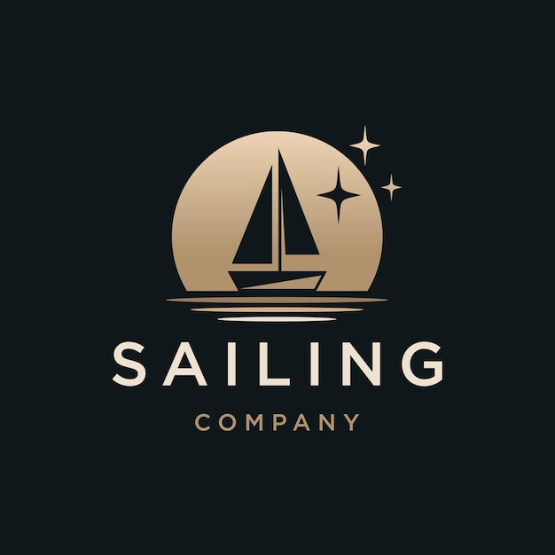 Barco de vela transporte de viajes de vela en el océano con logotipo de puesta de sol y estrellas