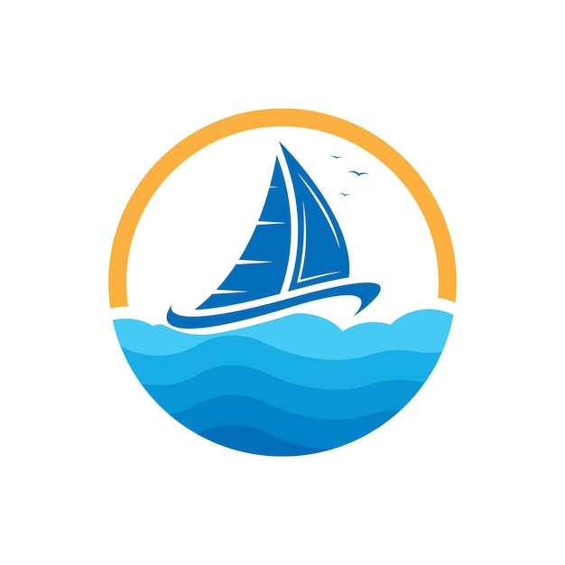 Barco de velero en la ola del océano con diseño de logotipo