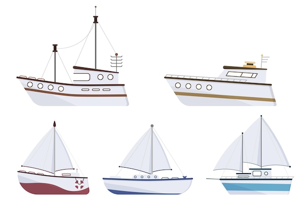 Barco de viaje, canotaje, lancha, gran buque, diseño plano, océano, veleros, barcos, yate, conjunto, mar, barco, vector