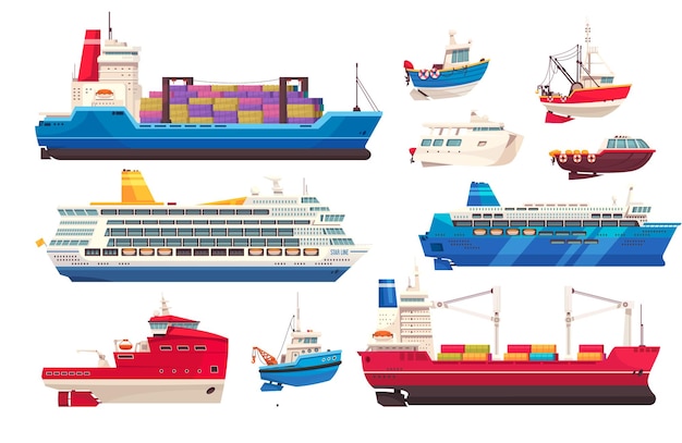 Barcos de carga y cruceros con símbolos de puerto ilustración vectorial aislada plana