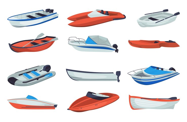 Vector barcos de madera dibujos animados pequeños barcos para navegar por ríos y lagos viajes a motor y barcos pesqueros sin pasajero lancha de goma inflable vacía maqueta de bote de remos aislado conjunto de transporte de agua vectorial