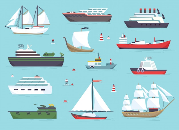 Barcos en el mar, barcos de envío, conjunto de iconos de vector de transporte oceánico