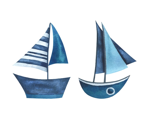 Barcos de mar rayados azul turquesa ilustración acuarela dibujada a mano en un estilo infantil abstracto conjunto de elementos aislados sobre un fondo blanco