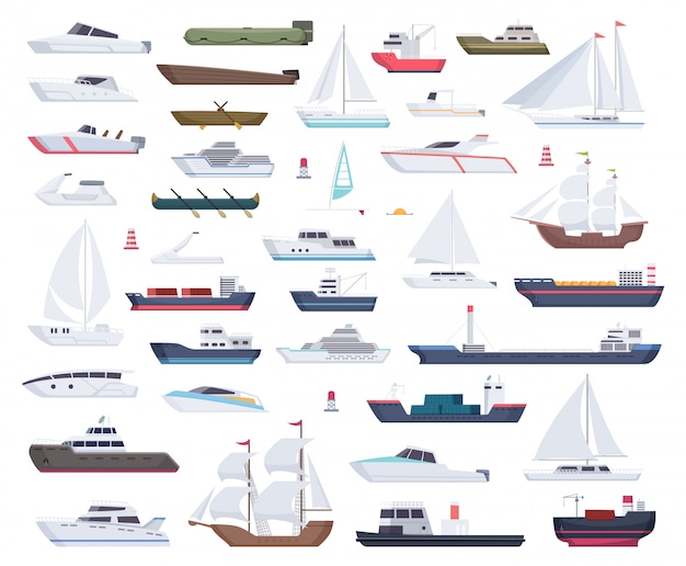 Barcos oceánicos. Yates de vela y viajes colección de dibujos animados de barcos grandes y pequeños