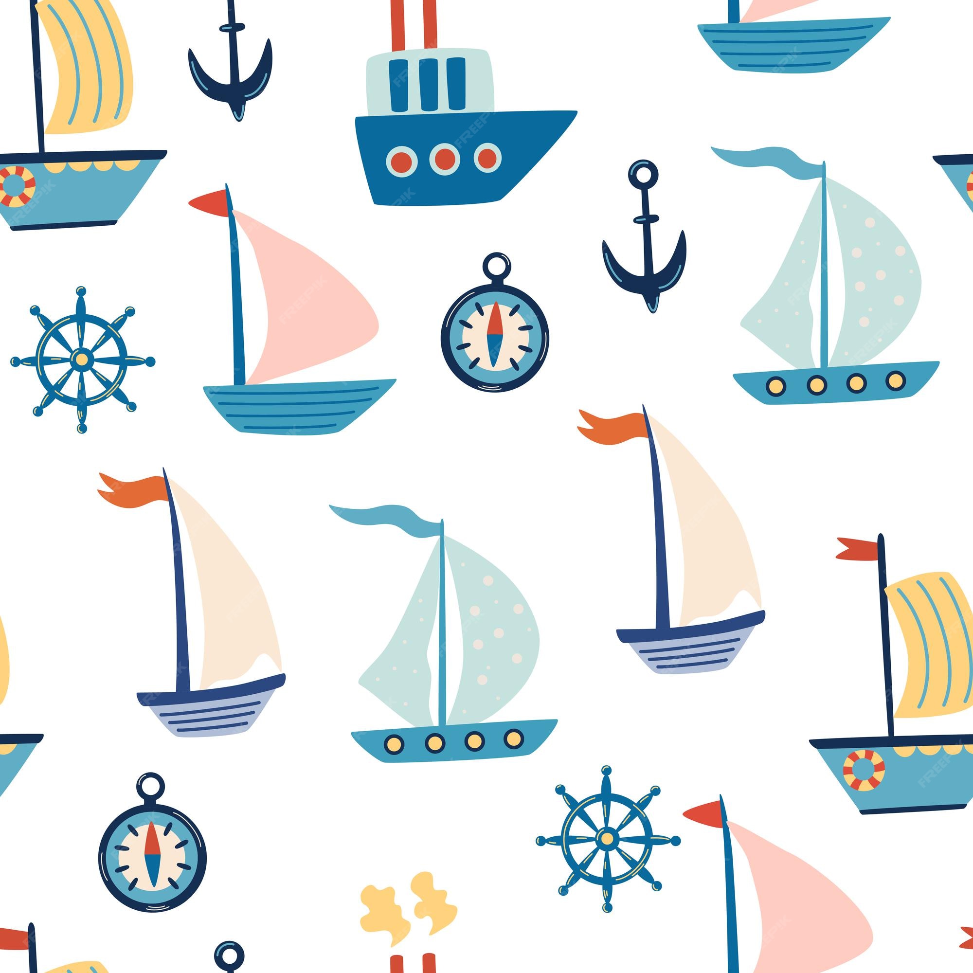 Barcos de patrones sin fisuras. veleros de dibujos animados, ancla y volante. vida marina. patrón marino para tela, ropa infantil, fondo, textiles, papel de y otras decoraciones. | Vector Premium