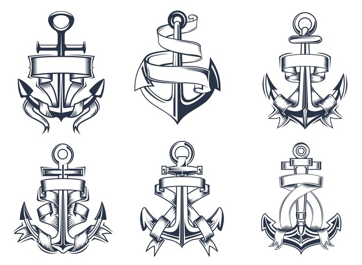 Los barcos de temática marina o náutica anclan con pancartas de cinta en blanco entrelazadas alrededor de las anclas, ilustración