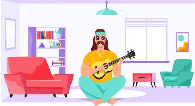 Vector bardo masculino con ukelele en las manos hombre bigotudo cantando en casa guitarrista compone canciones y toca