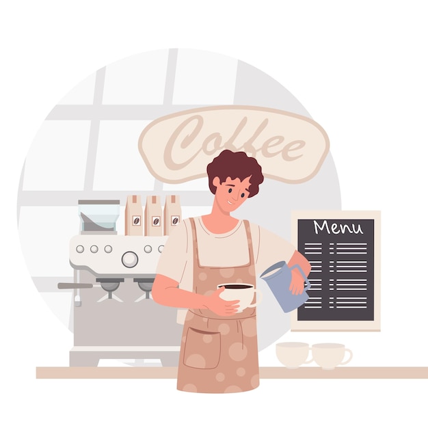 Barista en cafetería. hombre en delantal haciendo café, ofreciendo taza para llevar. concepto de café. ilustración vectorial