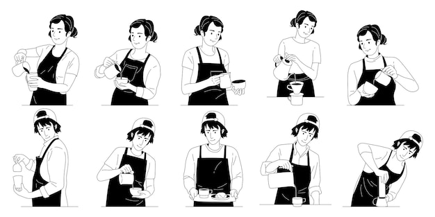 Barista dibujado a mano haciendo café Ilustración artística