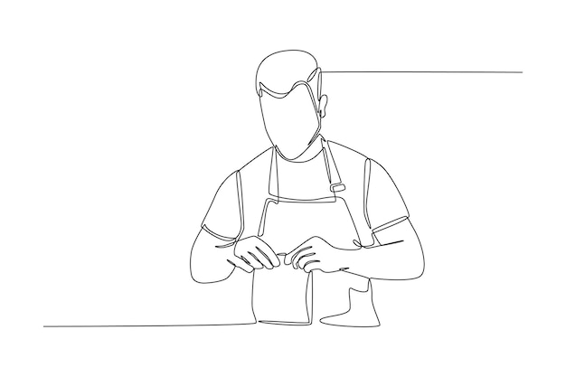 El barista de dibujo de línea continua simple está envolviendo una bolsa de papel al cliente. Concepto de servicio y comida para llevar. Ilustración de vector gráfico de diseño de dibujo de línea continua.