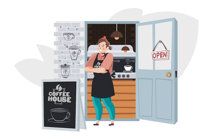 Vector barista femenina en uniforme trabajando en café concepto de casa de café ilustración vectorial horizontal de longitud completa