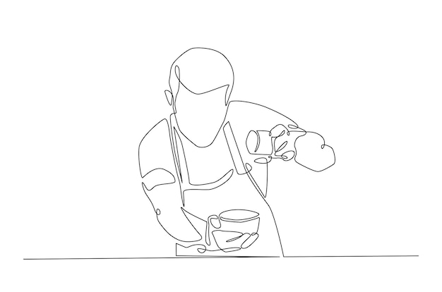 Barista haciendo café continuo una línea dibujando ilustración