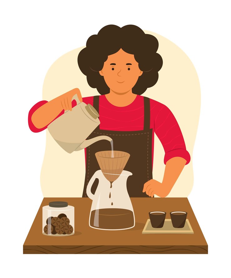 Vector barista hombre haciendo café en barra de bar en cafetería