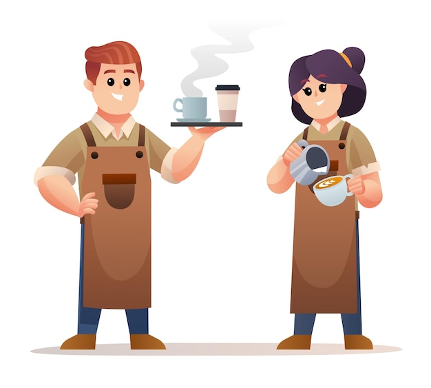 Barista masculino lindo que lleva café y el juego de caracteres del café que hace el barista femenino